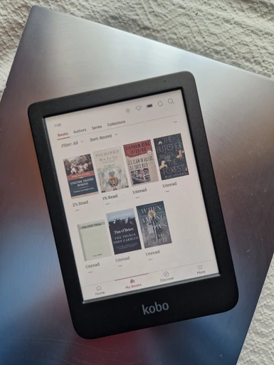 Kobo Clara Colour - Books dashboard listing them. 60% brightness