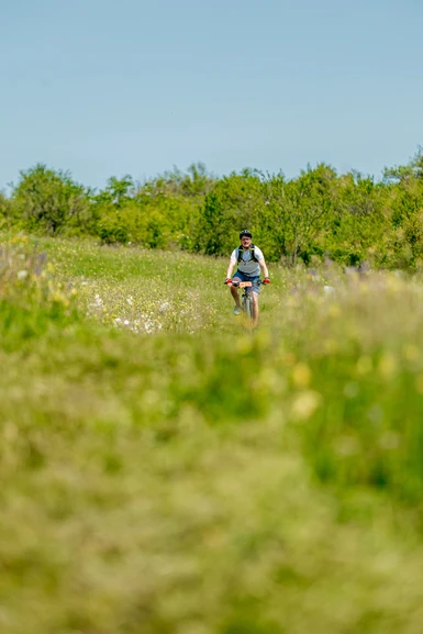 Going downhill in a nice field.