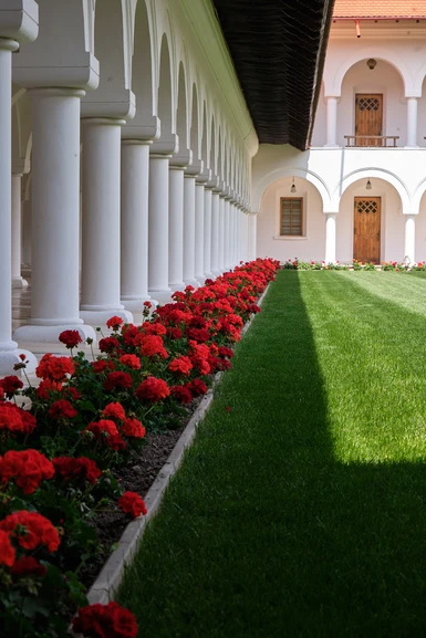 Monastery courtyard, columns and flowers.